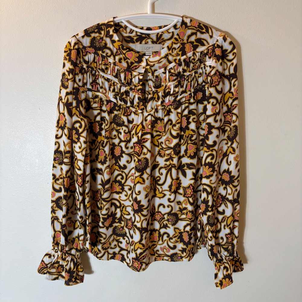 LOFT Paisley Floral Split Neck Ruffle Blouse Yellow Brown Size XS